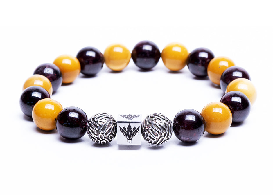 Yellow Mookaite - Garnet - Silver Bracelet (10mm)