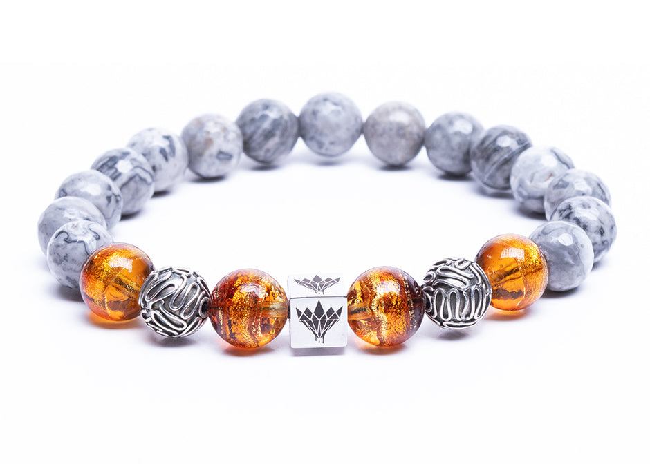 Map Stone Jasper - Murano Glass - Silver Bracelet (10mm)