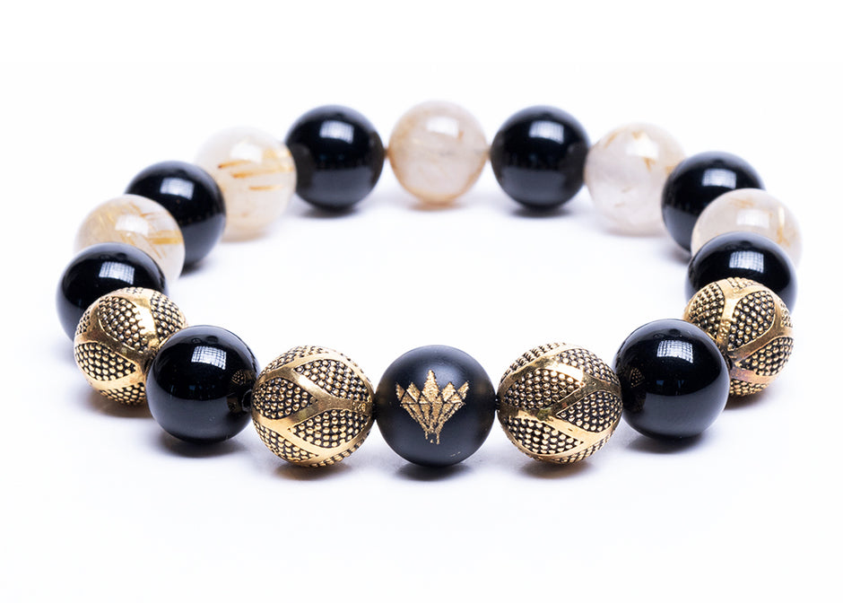 Rutilated Quartz - Black Onxx - Silver Bracelet (12mm)