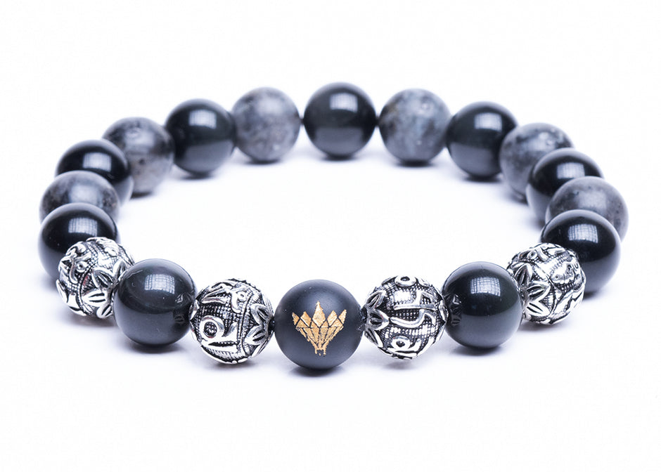 Larvikite - Black Onxy - Tibetan Silver Bracelet (12mm)