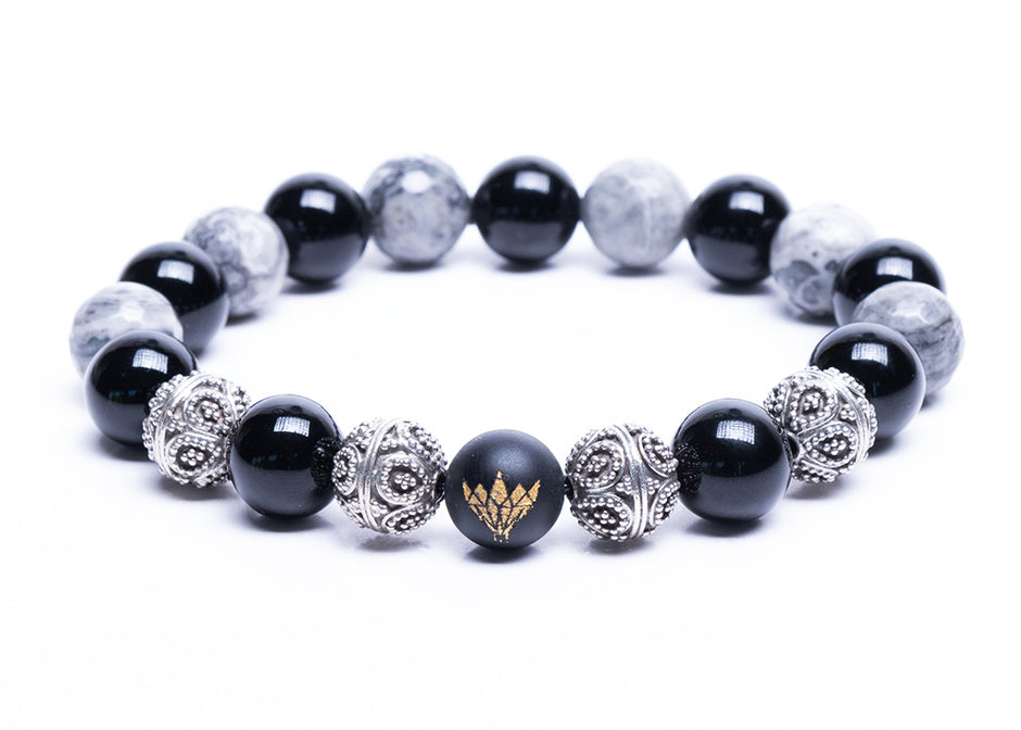 Map Stone Jasper - Black Onyx - Silver Bracelet (10mm)