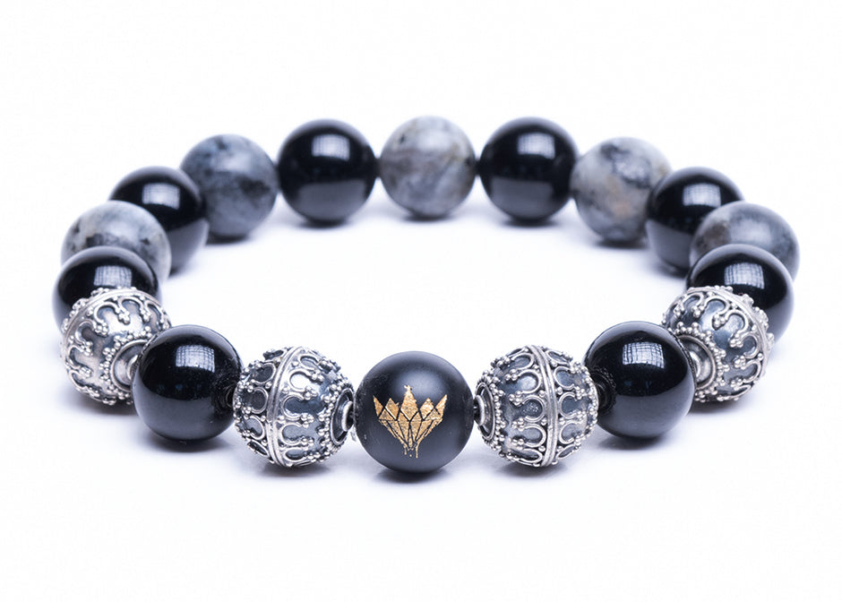 Larvikite - Black Onyx - Silver Bracelet (12mm)