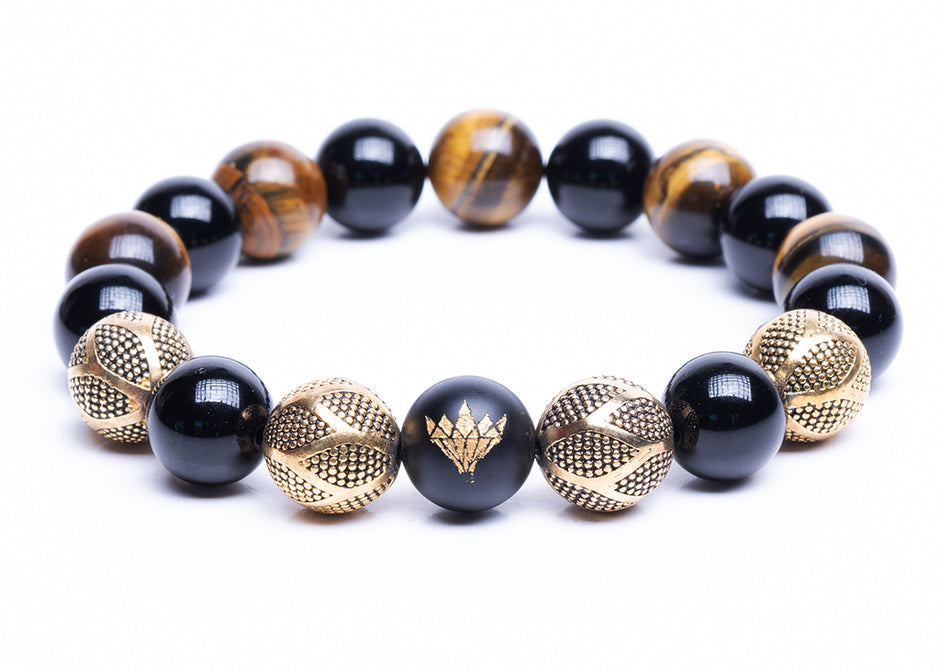 Tigers Eye - Black Onyx - Silver Bracelet (12mm)